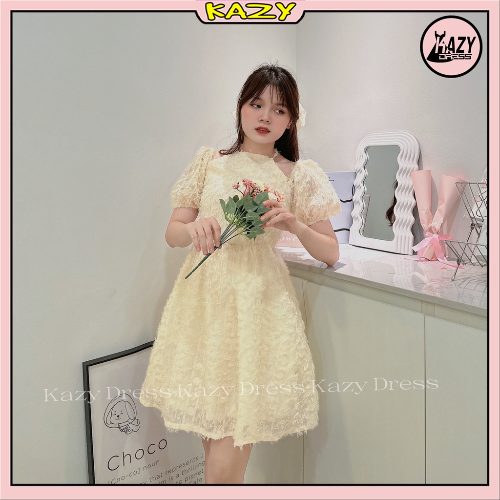 Váy trắng tiểu thư dự tiệc cổ yếm trễ vai tay bồng 2 lớp thêu hoa dáng xinh Hàn Quốc KAZY DRESS V003 | BigBuy360 - bigbuy360.vn