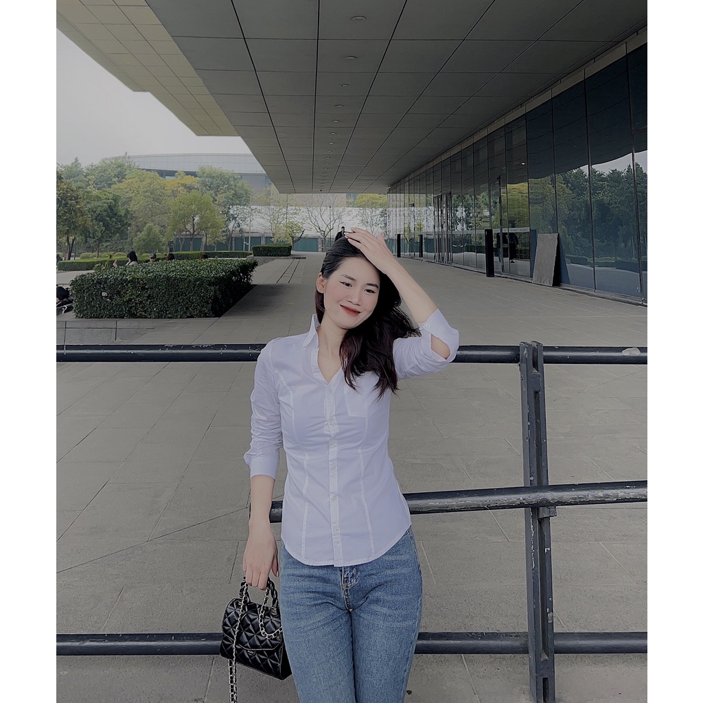 Áo sơ mi trắng cotton bó co giãn nhẹ QC