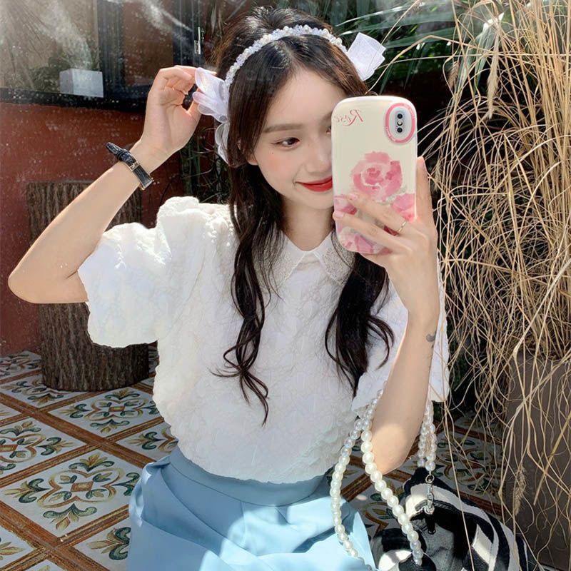 Áo kiểu sơ mi nữ tay bồng siêu xinh dễ thương cổ bèo họa tiết nổi phong cách Hàn Quốc