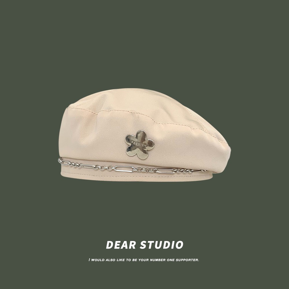 Mũ beret tag kim loại dây xích mẫu mới nhất phong cách Hàn Quốc