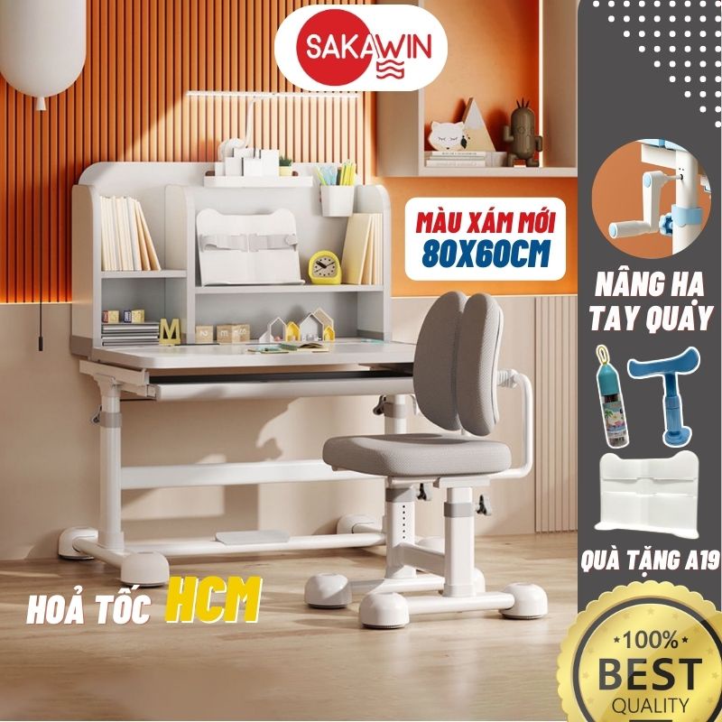 (Đặc Biệt) Bộ bàn học chống gù Sakawin A16 Plus, Bàn ghế học sinh có giá sách Màu xám Mới Nâng hạ tay quay tiện lợi