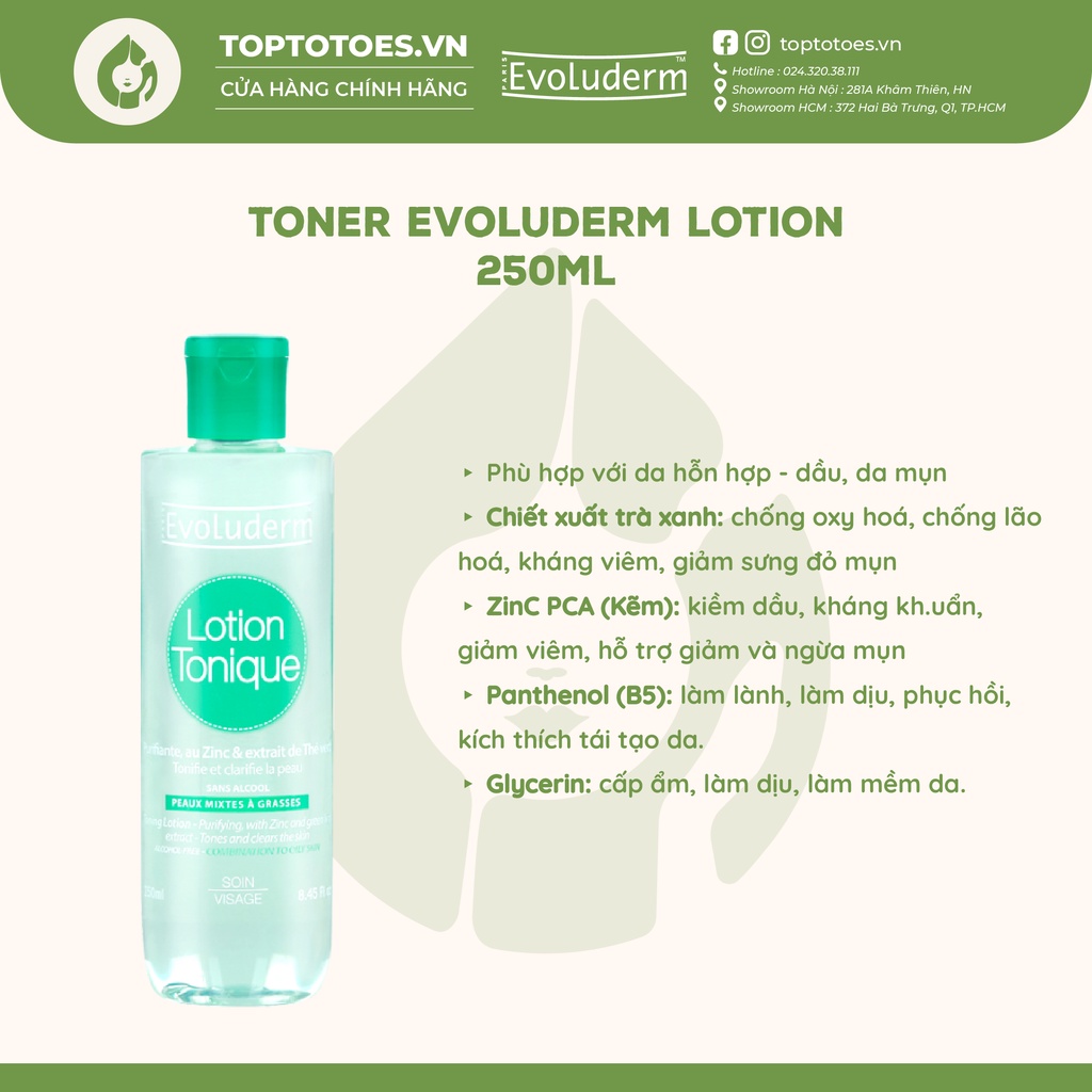 Toner Evoluderm Lotion Tonique kiềm dầu, giảm và ngừa mụn cho da hỗn hợp, da dầu mụn 250ml