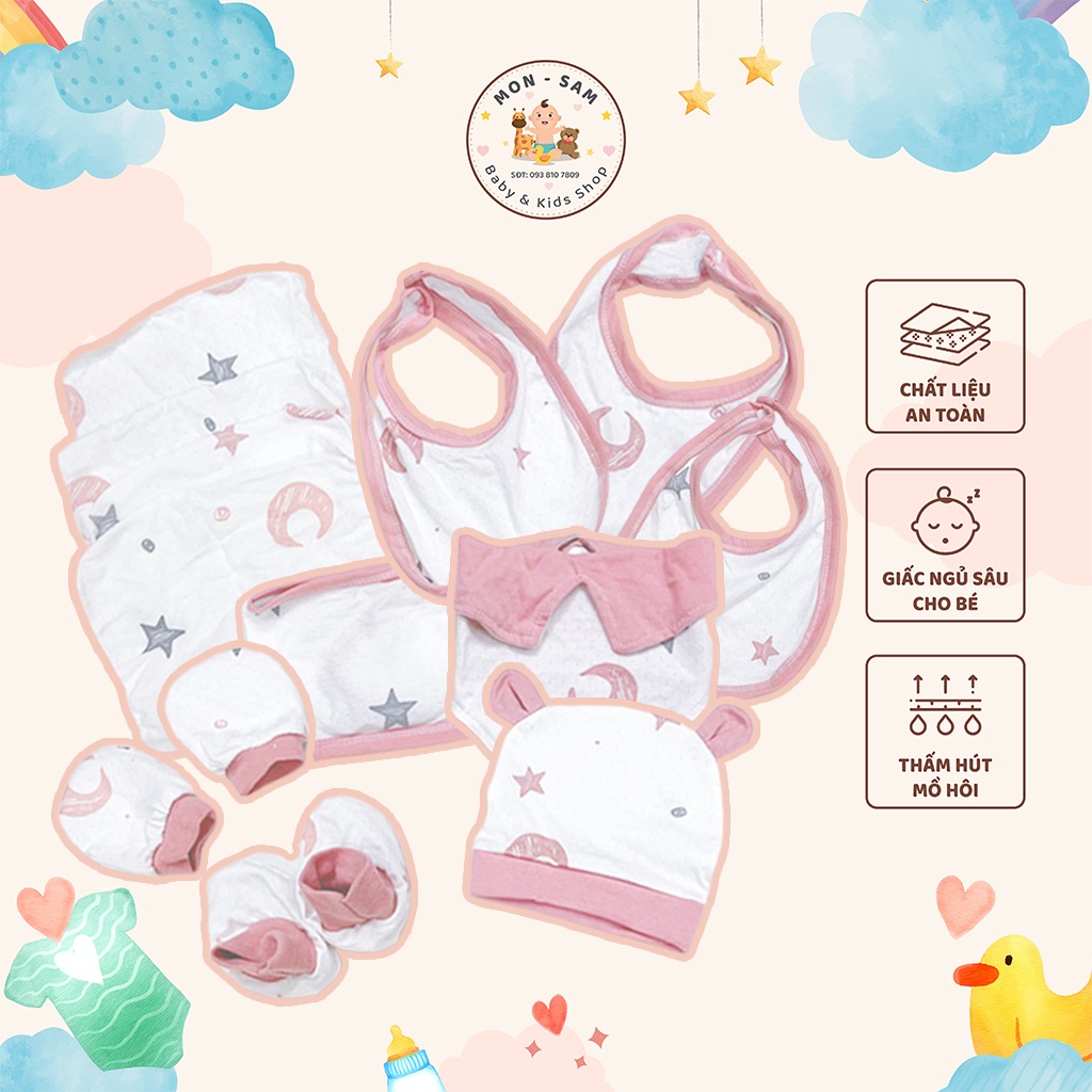 Set đồ sơ sinh mũ, bao tay, bao chân, khăn, yếm, cho bé Babeidi chất cotton thoáng mát - Mon - Sam Baby & Kids Shop
