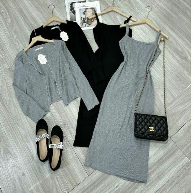 Set Váy Maxi 2 Dây dáng chữ A Kèm Áo Khoác Len Cadigan✌️ mùa thu đông