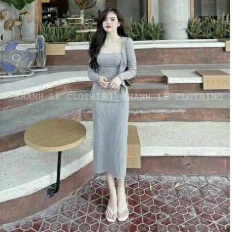 Set Váy Maxi 2 Dây dáng chữ A Kèm Áo Khoác Len Cadigan✌️ mùa thu đông