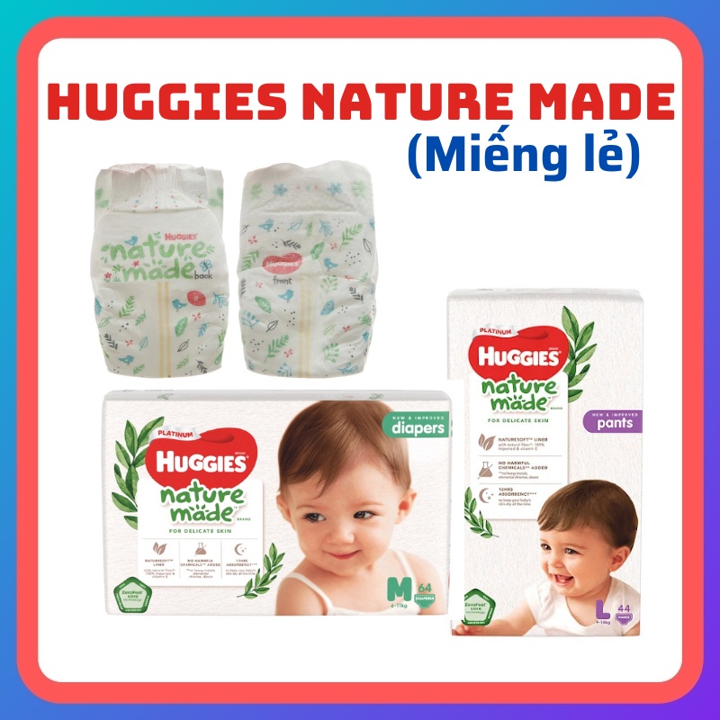 Tã/ Bỉm quần, dán Huggies Platinum Nature Made size NB60/S82/M58/L44/XL38/XXL26 cho bé (MIẾNG LẺ)