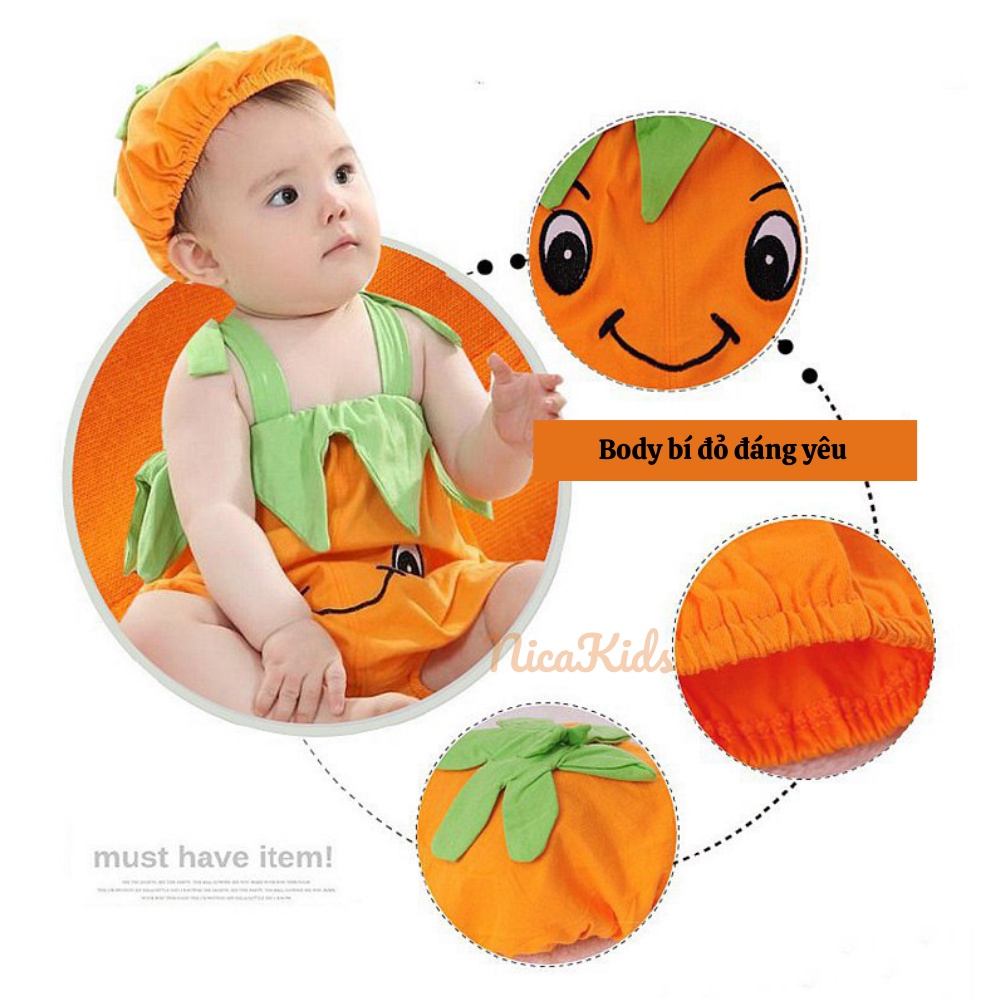 Bộ áo liền quần hình dưa hấu, bí đỏ kèm mũ siêu xinh cho bé trai, bé gái