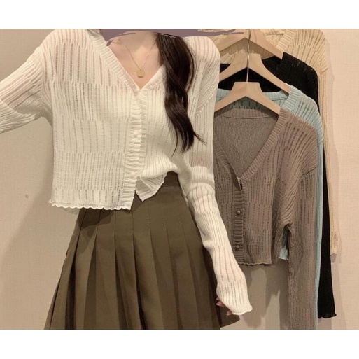 Áo len dệt kim cardigan dáng ngắn mỏng tay dài cổ chữ V nữ