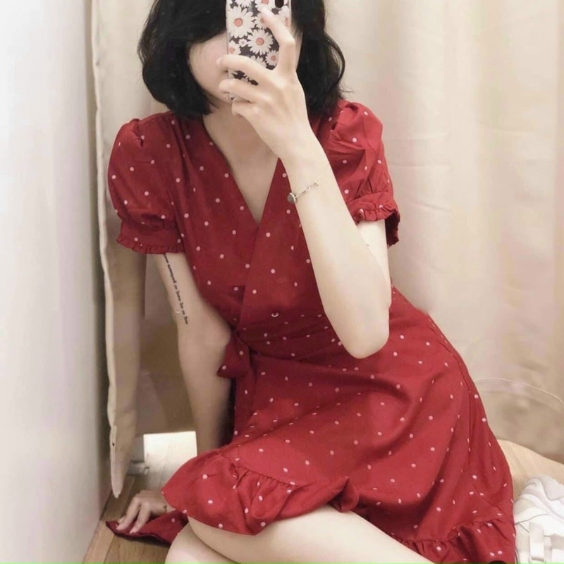 Đầm váy bi đỏ tùng bèo