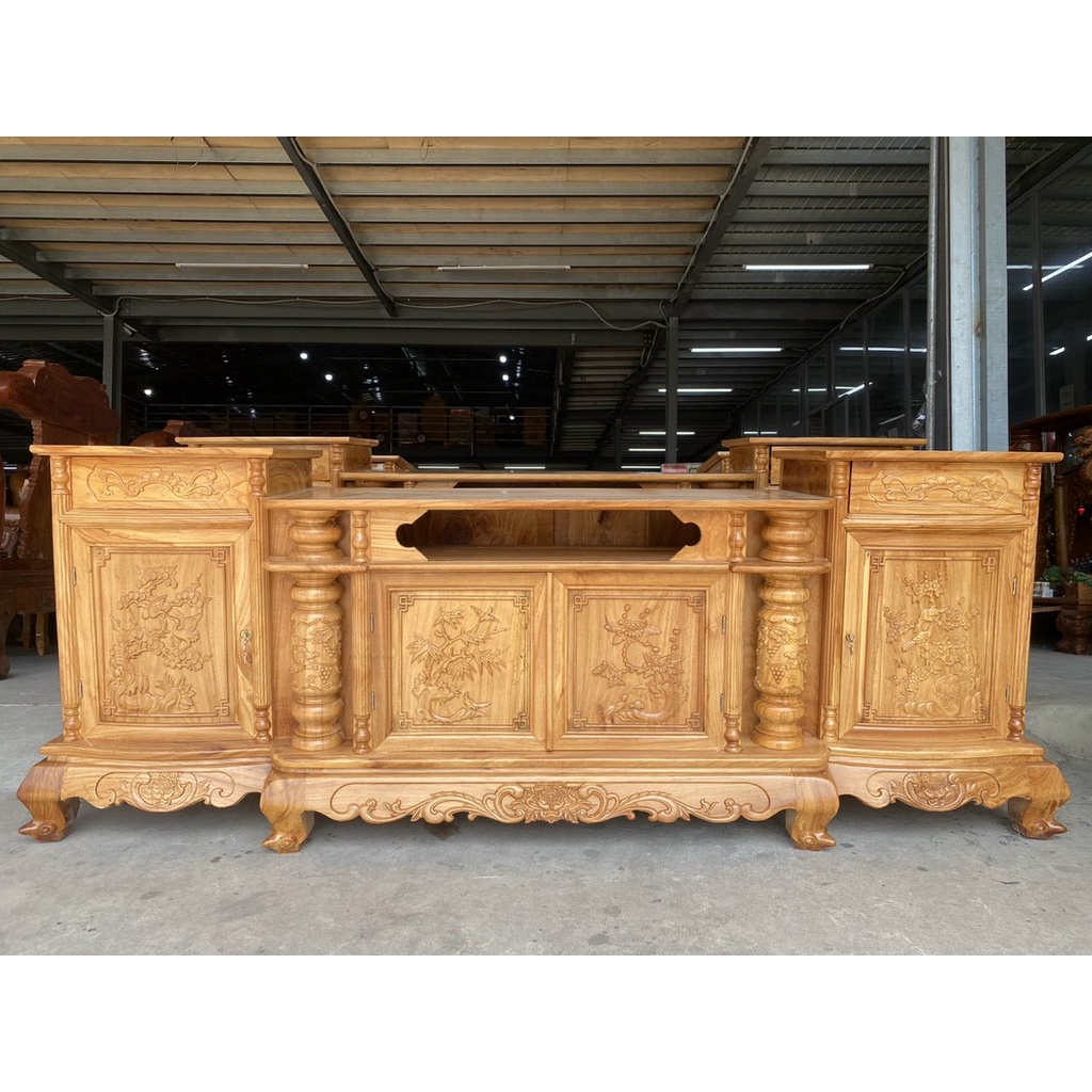 Kệ tivi gỗ gõ đỏ mẫu cột nho tùng cúc trúc mai 1M8-2M-2M2-2M4 ( FREESHIP 50 KM )