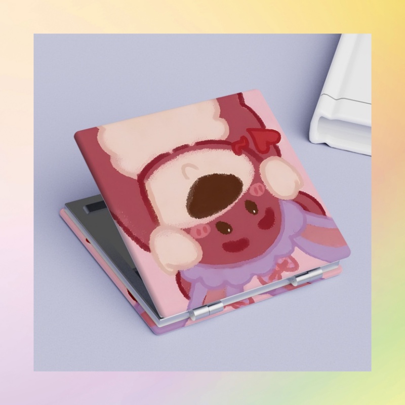 Gương Trang Điểm Cầm Tay mini Hình Vuông In Họa Tiết Dâu Tây / Gấu Dễ Thương