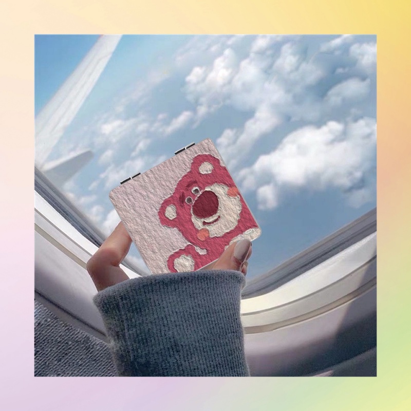 Gương Trang Điểm Cầm Tay mini Hình Vuông In Họa Tiết Dâu Tây / Gấu Dễ Thương