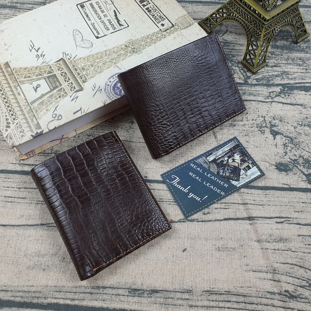 Ví nam da bò thật 100% vân cá sấu MN123  – Nâu sẫm - BH 3 năm