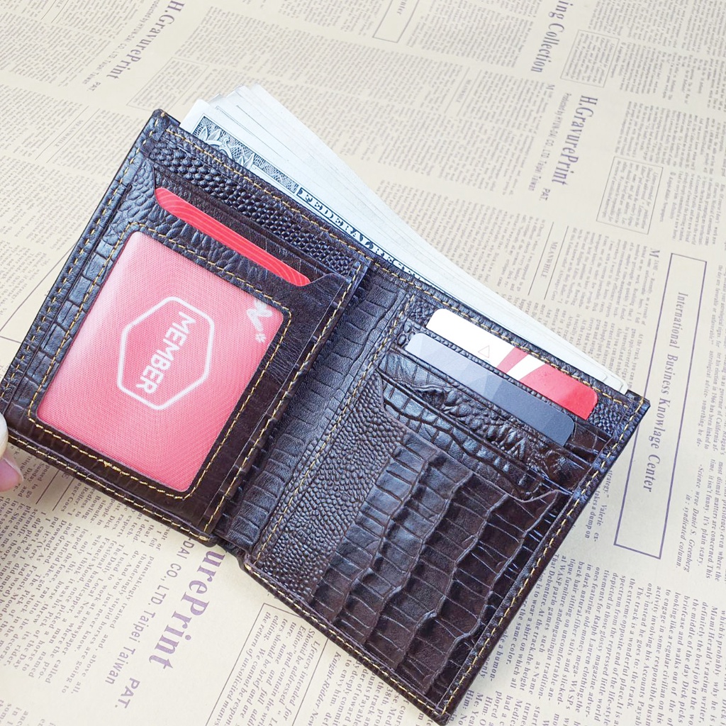 Ví nam da bò thật 100% vân cá sấu MN123  – Nâu sẫm - BH 3 năm