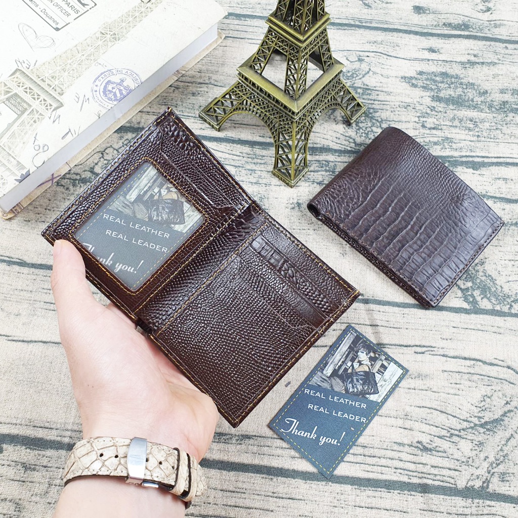 Ví nam da bò thật 100% vân cá sấu MN123  – Nâu sẫm - BH 3 năm