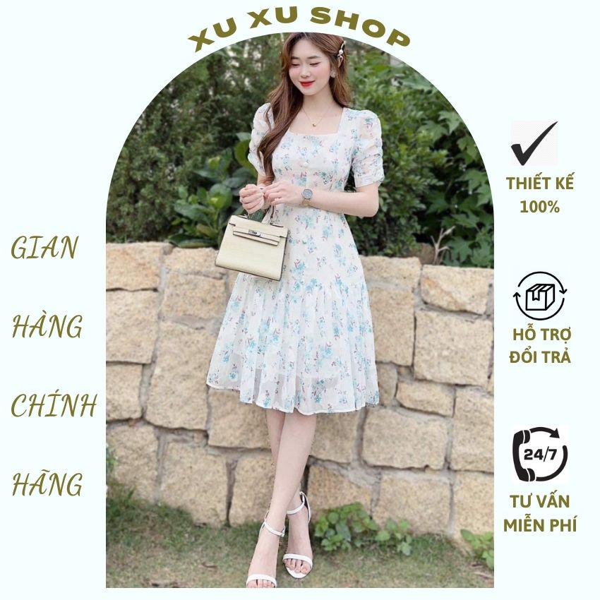 Váy hoa nhí xòe đuôi cá vải tơ cực mát - XU XU SHOP - Đầm nữ thiết kế màu tươi mát cho mùa hè hàng chuẩn - ẢNH THẬT