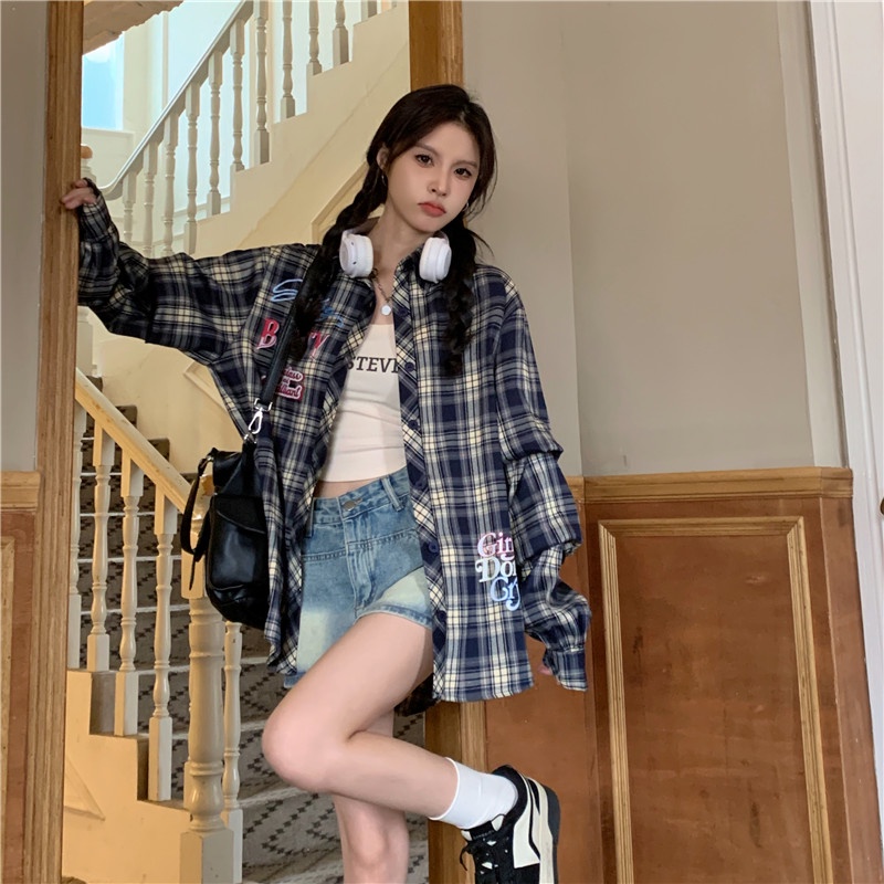Áo tay dài Áo Sơ Mi Nữ Ca Rô Dài Tay Cổ Bẻ Thời Trang Hàn