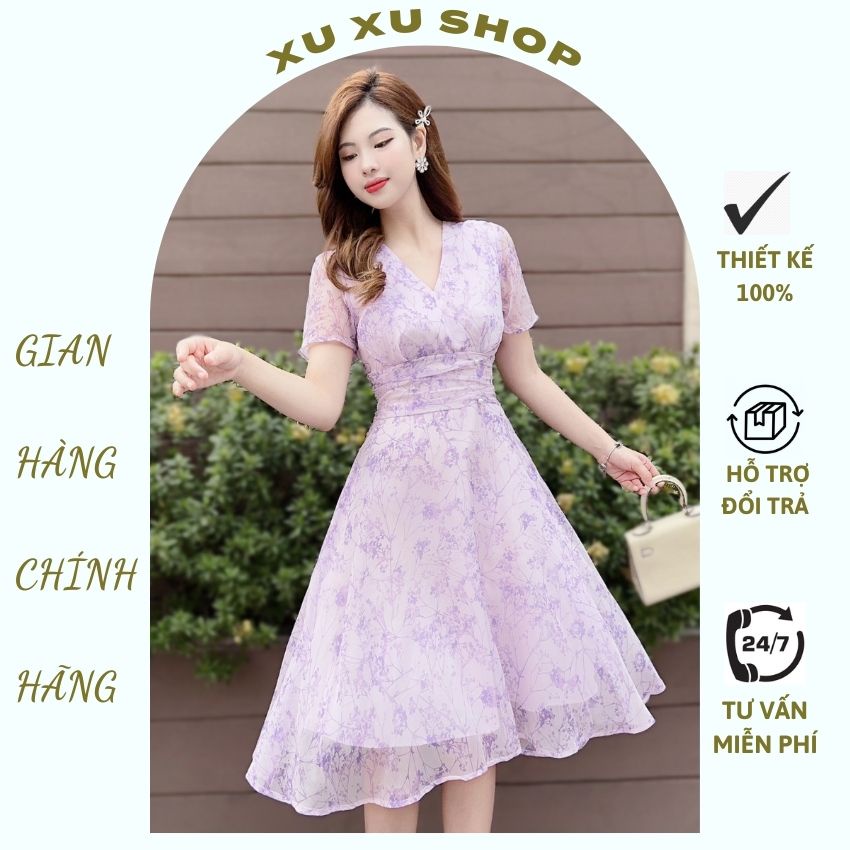 Đầm hoa voan tơ cao cấp màu tím mộng mơ - XU XU SHOP - Váy hoa nhẹ nhàng cho mùa hè cổ V chiết eo tôn dáng - ẢNH THẬT