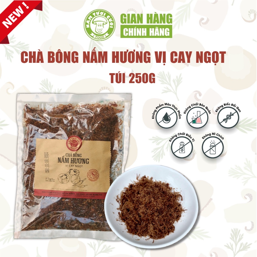 Chà Bông Nấm Hương Chay Vị Cay Ngọt(Sả Tỏi) túi 250g - Nấm Tươi Cười