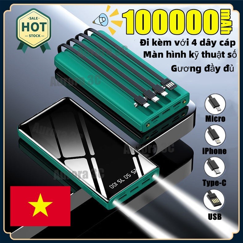 Powerbank 100000mAh Công suất lớn Bốn dây cáp Đèn pin LED kép 6 Đầu ra 3 Đầu vào Ngân hàng điện có thể bảo vệ
