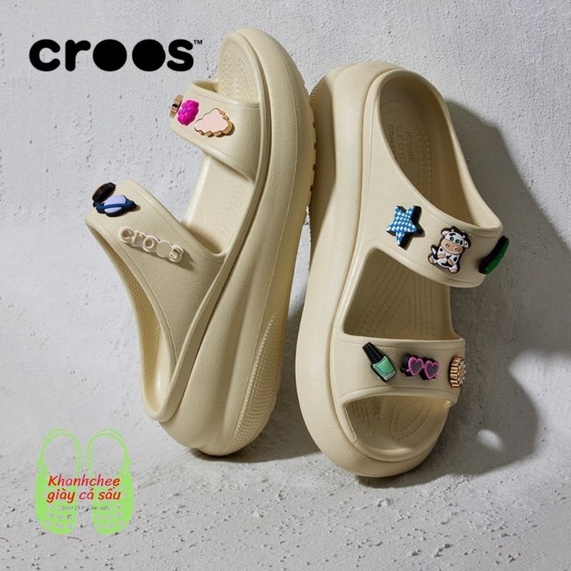 Dép Lê 2 quai Cross Band Classic Crush đé cao 7cm màu be cho nữ tặng 10 stic