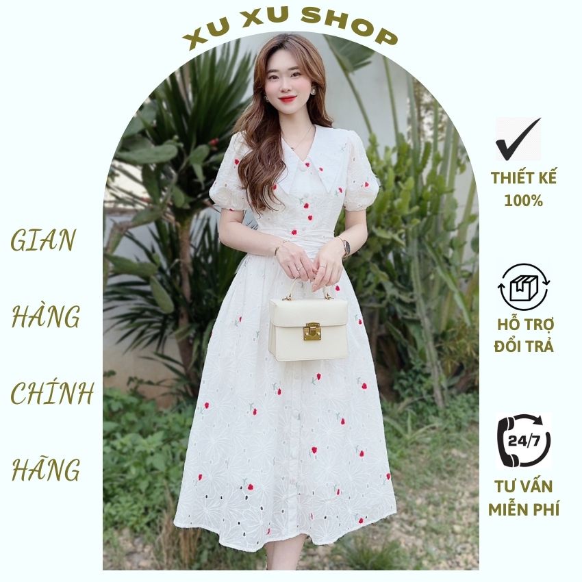 Đầm hoa tay bồng cổ Hàn tiểu thư - XU XU SHOP - Váy hoa nhí vải đũi phù hợp cho mùa Hè mặc đi làm, đi chơi - ẢNH THẬT