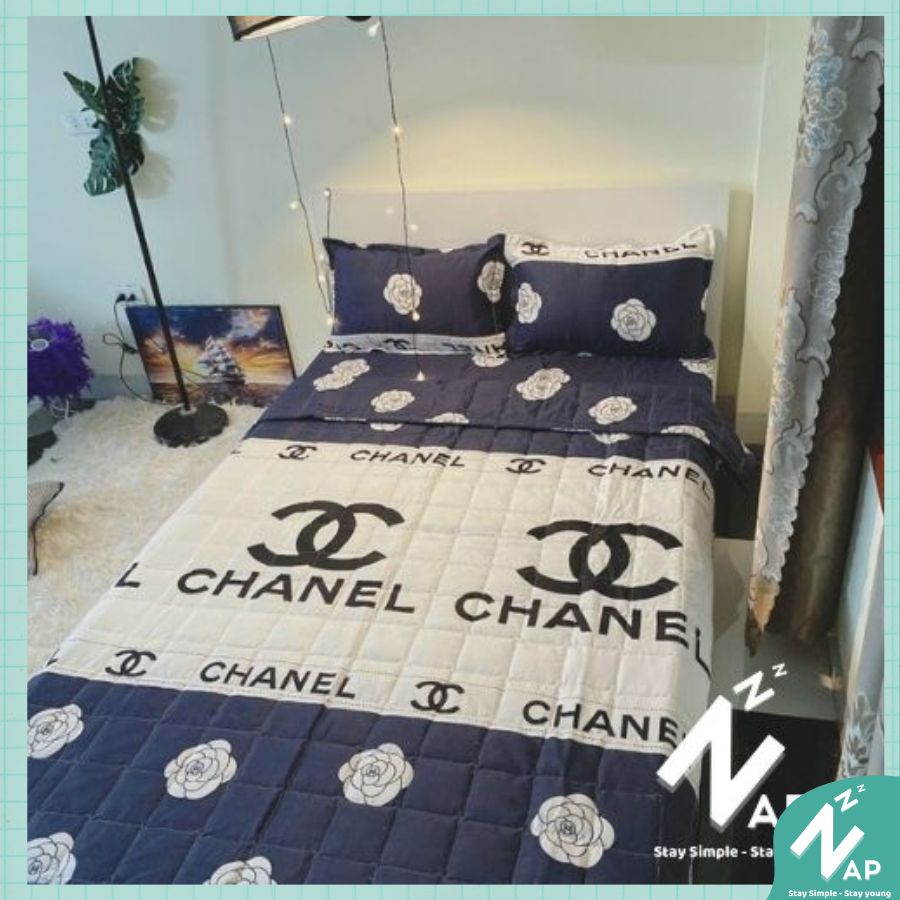 Bộ Chăn Chần Mền Ga Gối 4 Món Cotton Poly 3D Fullsize Napbedding mẫu Chanel Sang Xịn Mịn