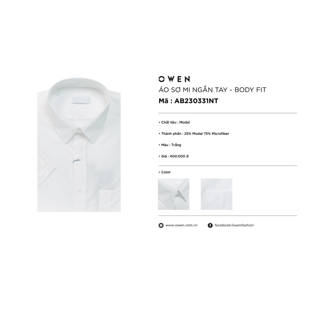 Áo sơ mi trắng owen ngắn tay body fit vạt ngang có túi vải sồi AB230331NT