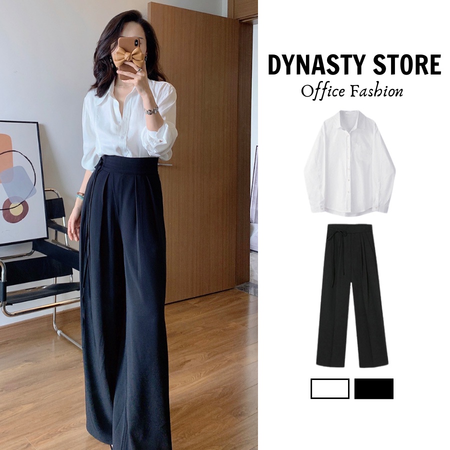 Set áo sơ mi trắng và quần ống rộng công sở DYNASTY STORE phong cách Hàn Quốc, trẻ trung, năng động bộ đồ thời trang xuân hè dành cho nữ