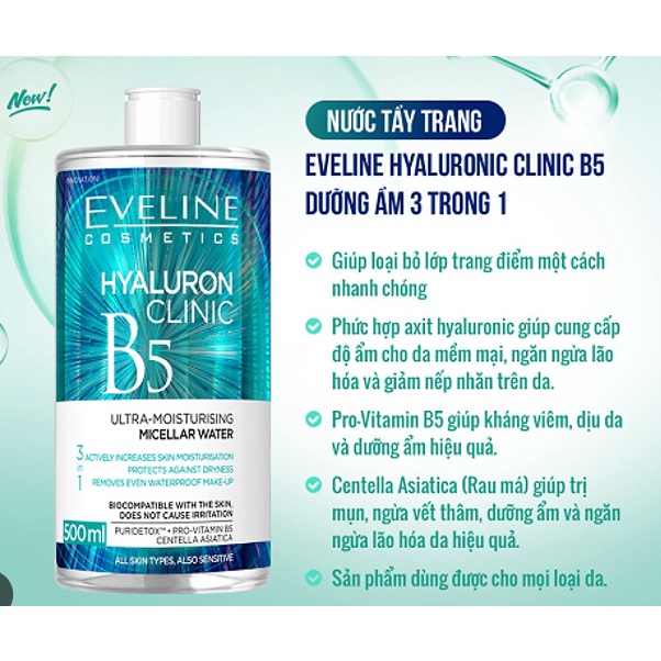 Nước tẩy trang Eveline Hyaluron Clinic B5 Puridetox (500ml)