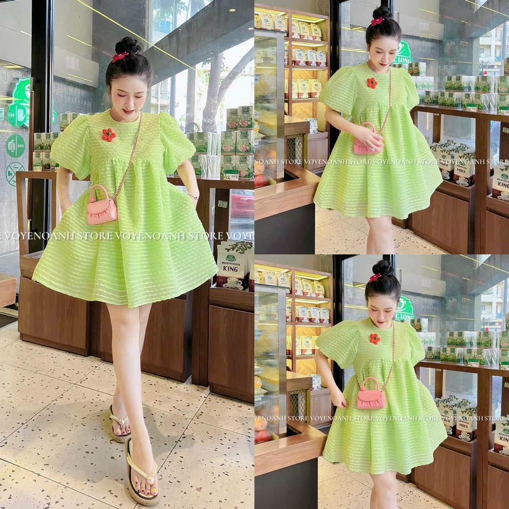 Đầm babydoll tay phồng dáng váy suông midi đính hoa kèm, chất xốp cao cấp cho các bạn nữ bánh bèo siêu dễ thương