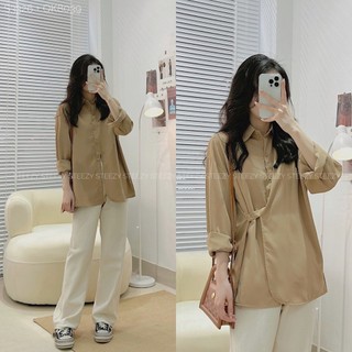 [S3326] Áo sơ mi lụa trơn vạt cong cài lệch form rộng (Có sẵn/ảnh thật)