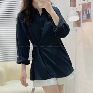 [S3326] Áo sơ mi lụa trơn vạt cong cài lệch form rộng (Có sẵn/ảnh thật)