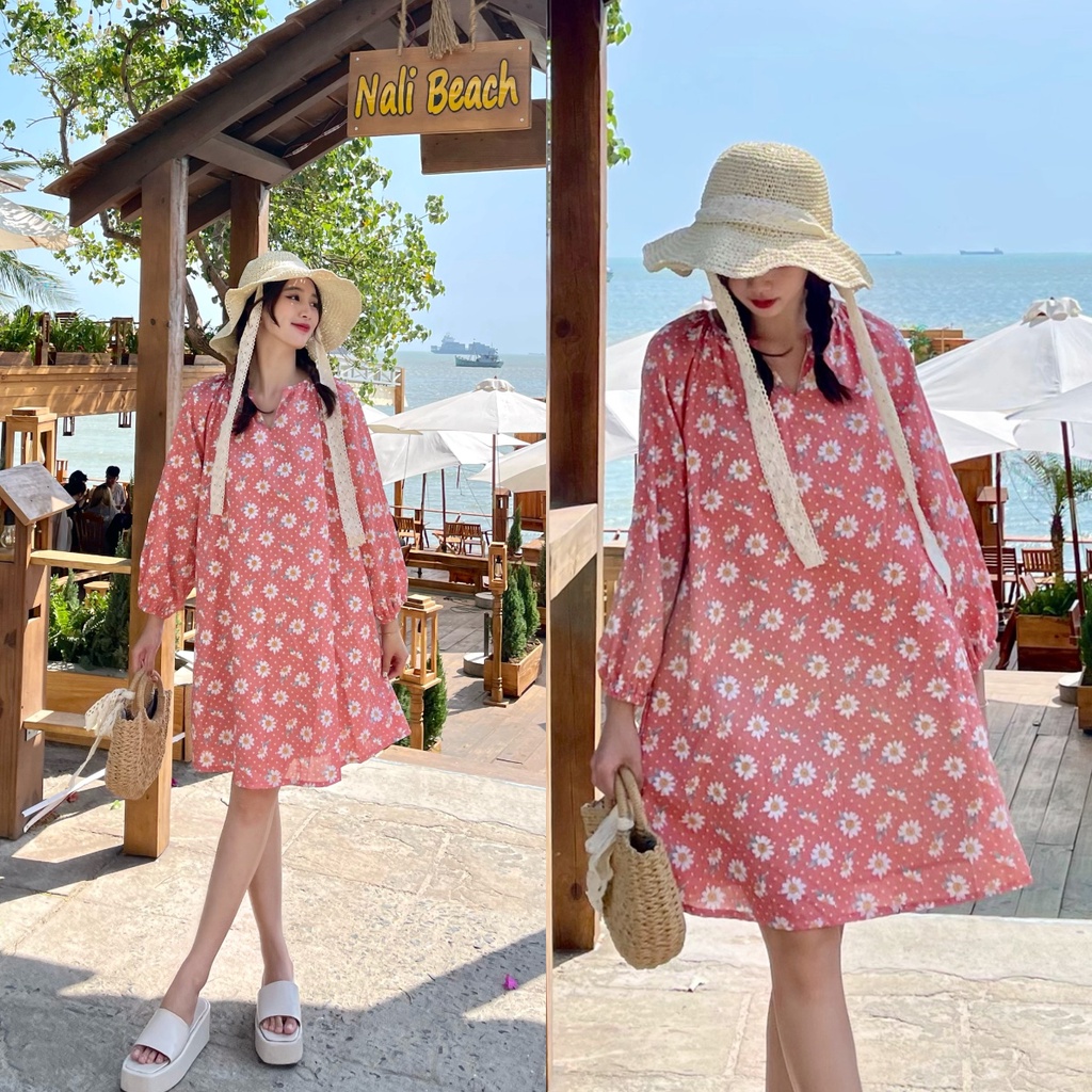 Đầm linen form ngắn tay dài bo hoạ tiết hoa cúc màu cam D375