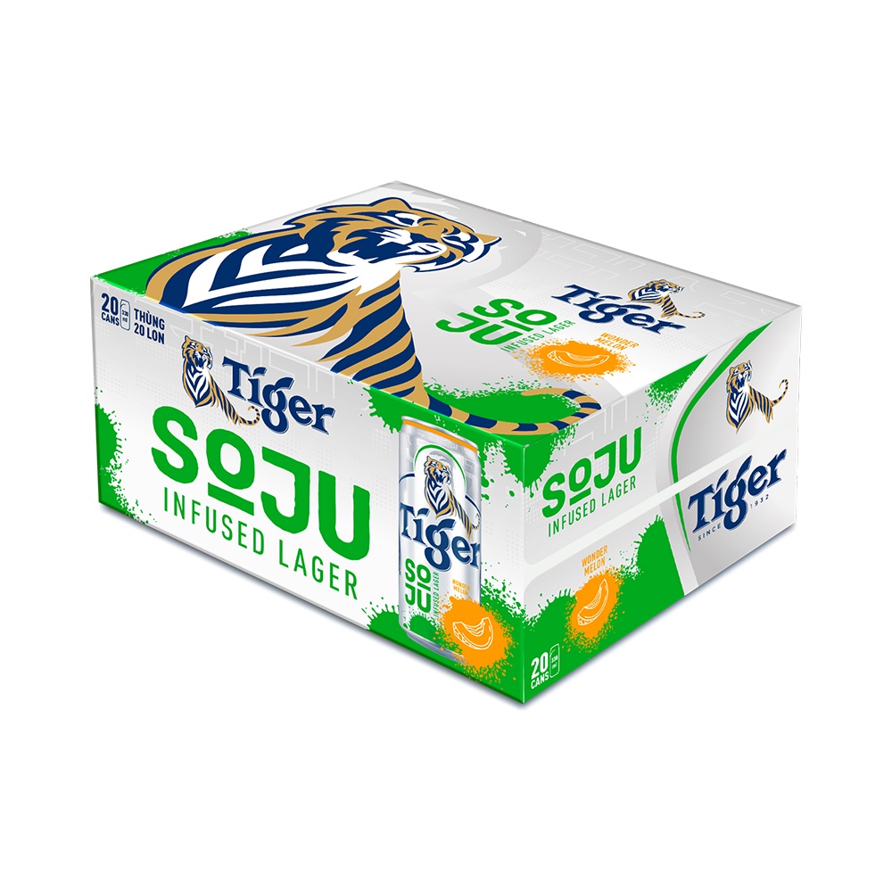 Nồng độ cồn 4% - Thùng 20 Lon Bia Tiger Soju Infused Lager Wonder Melon (vị Soju Dưa Lưới) 330ml/Lon