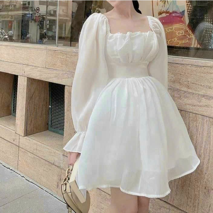 Váy nữ dự tiệc, chất voan tay dài phồng hở lưng cột nơ phía sau, đầm váy cho các bạn nữ đi chụp kỉ yếu, đi tiệc xinh xắn