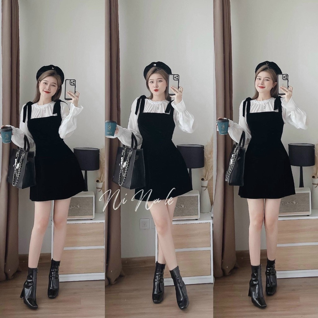 Set yếm váy lụa thắt nơ phối áo trắng xếp ly ngực nhẹ nhàng ống tay bèo xinh xắn, dễ thương