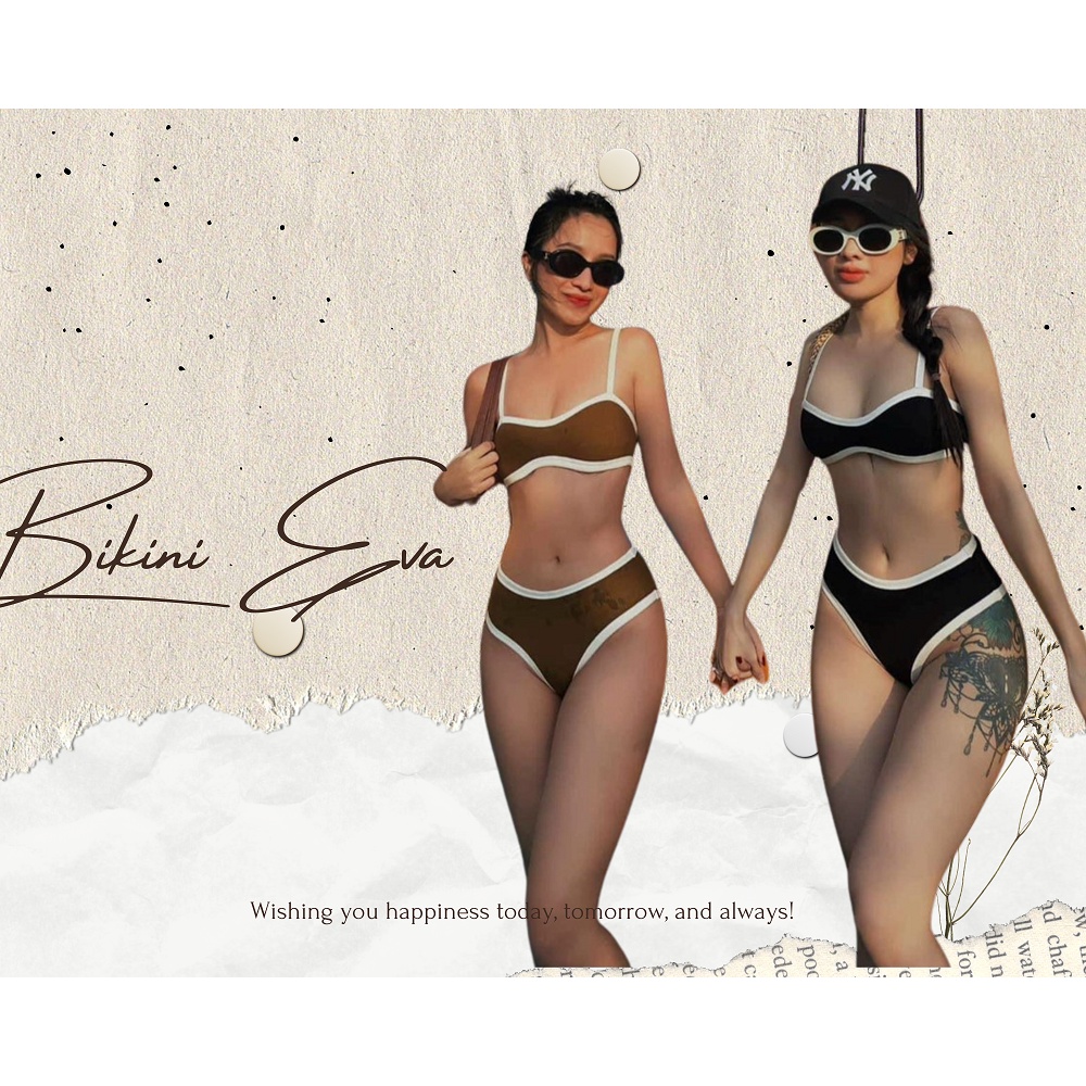 Bikini bộ bơi đồ bơi đồ đi biển nữ hai mảnh basic đen viền trắng EVA 2MĐVT