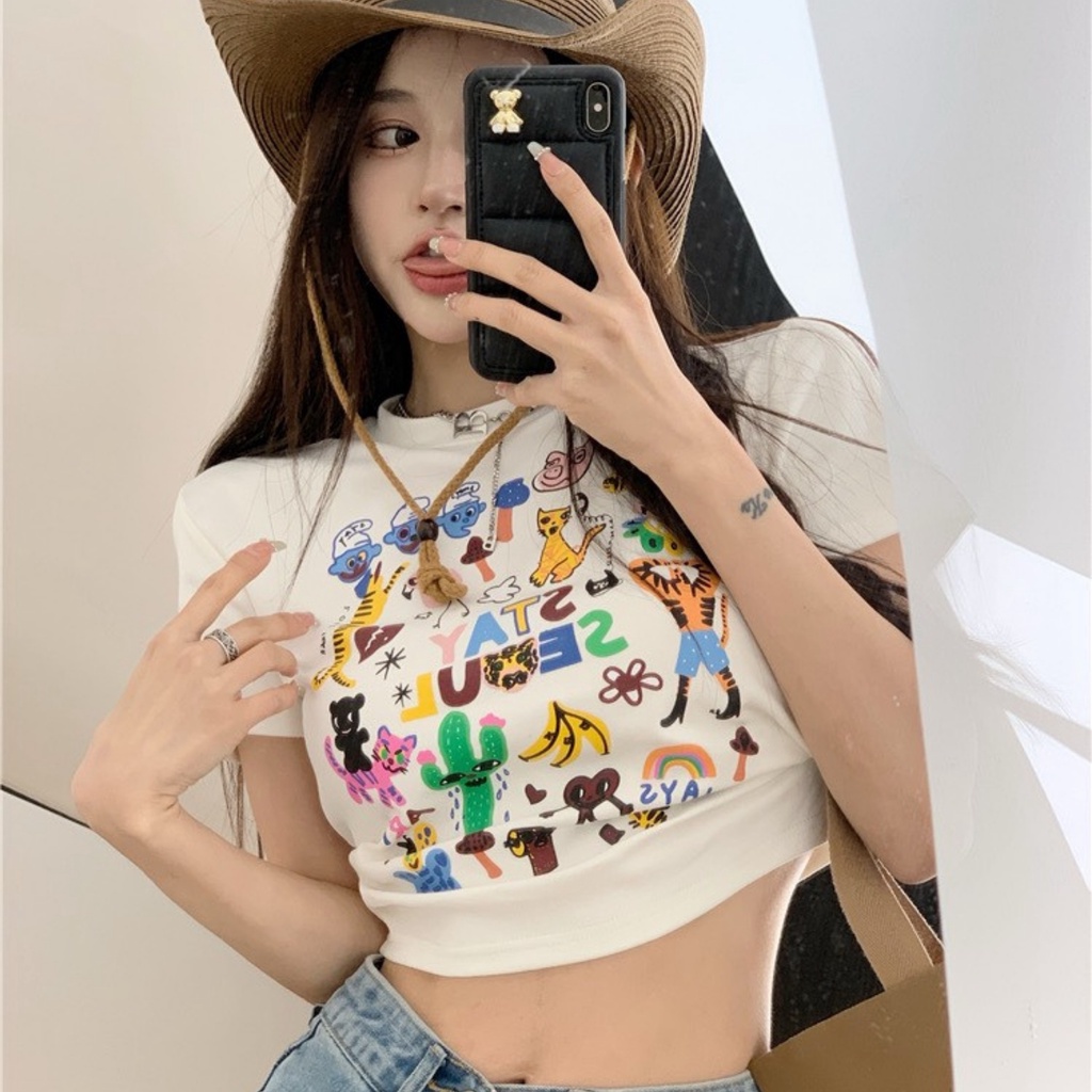 Áo Croptop RYSO FASHION Kiểu In Sticker Họa Tiết chất borip dáng Ôm Body Nữ  Cổ Tròn Tay Ngắn Co Giản Mềm Mát Loại 1