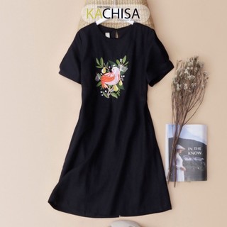 Đầm suông Linen thêu chim màu đen KACHISA 698SQE