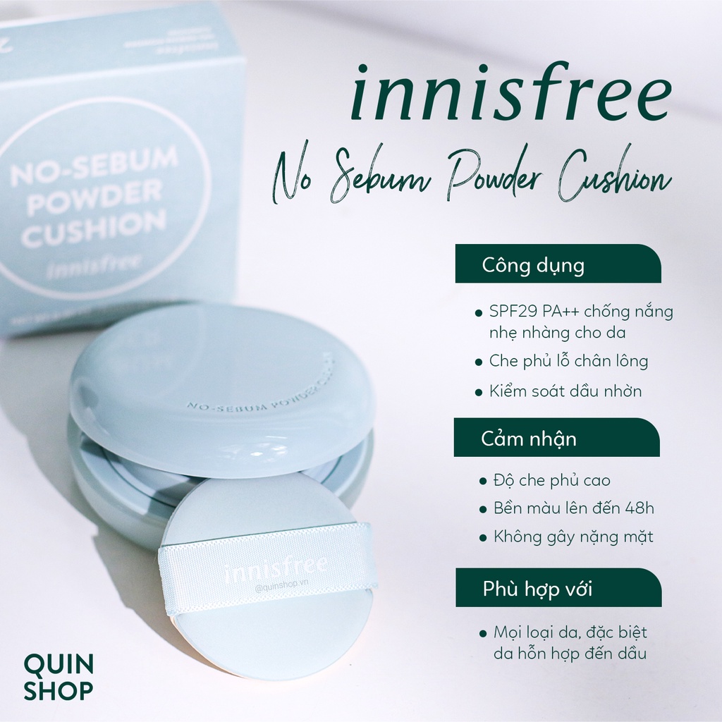 Phấn Nước Kiềm Dầu, Chống Nắng Innisfree No-Sebum Powder Cushion SPF29 PA++, Sun Cushion SPF50+ PA++++