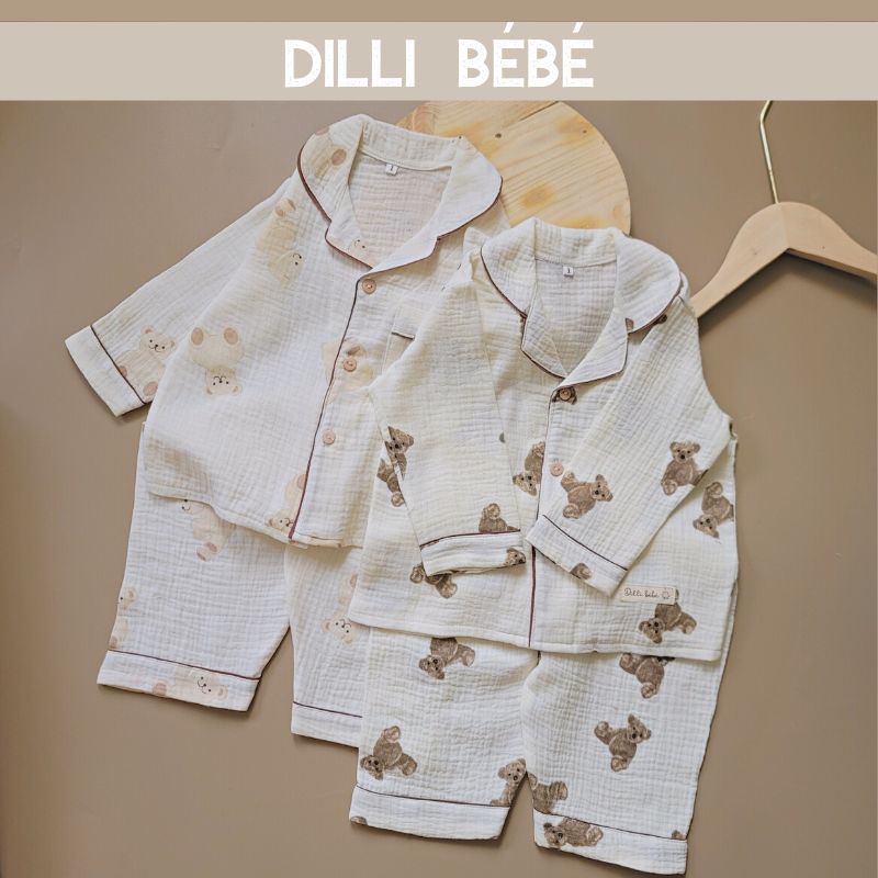 Đồ bộ ngủ áo quần Pijama tay dài quần dài cho bé trai bé gái trẻ em sơ sinh vải Muslin Gấu Teddy - Dilli Bebe