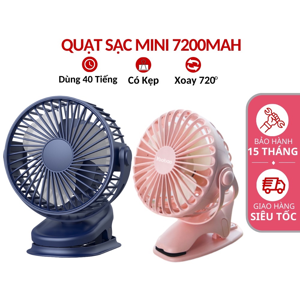 Quạt mini để bàn, Quạt kẹp tích điện 7200mAh hoạt động 40 giờ liên tục, 3 tốc độ gió Bảo hành 12 tháng