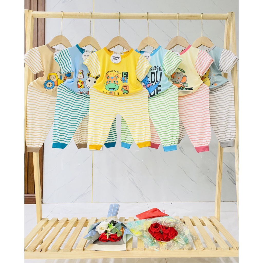 Bộ Cộc Tay Kẻ Quần Dài Kẻ MinKy Mom Giáp Lăng Thun Lạnh In Hình Cho Bé