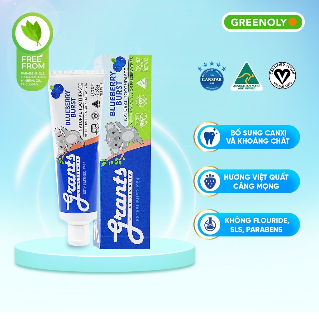 Kem Đánh Răng Cho Bé Grants Vị Việt Quất 75g Bổ Sung Canxi Chắc Khoẻ Răng