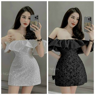 Đầm gấm cúp ngực trễ vai chất gấm vân hoa tôn dáng tiểu thư sang chảnh