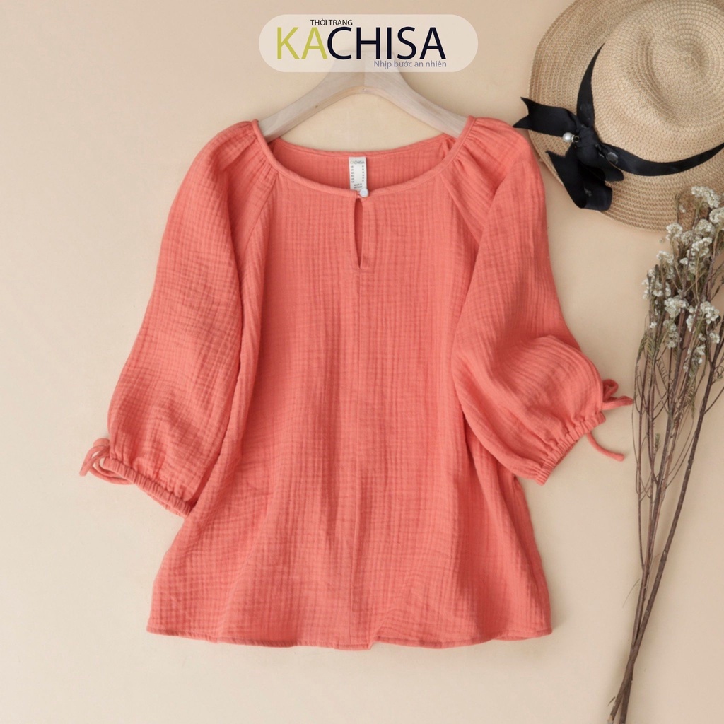 Áo muslin phối nút ngọc màu cam KACHISA 657