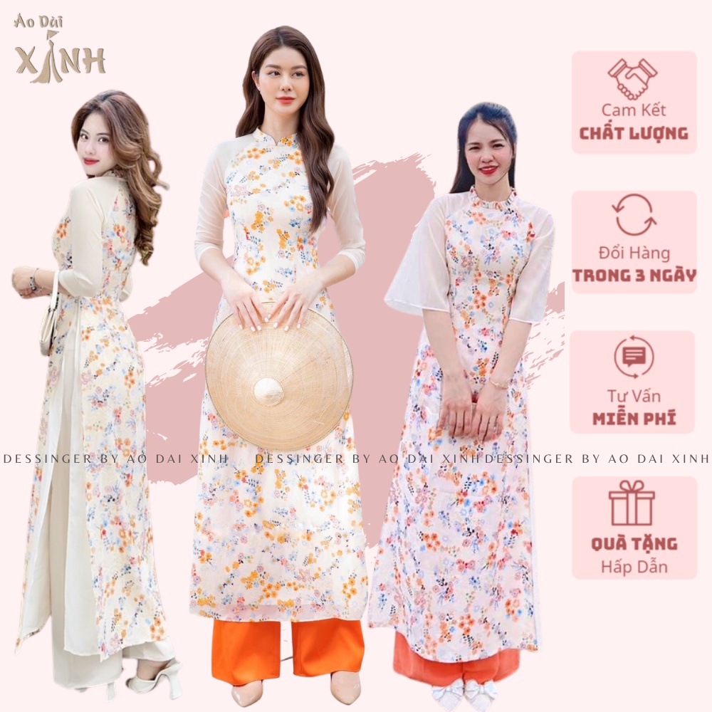 Áo Dài Hoa nhí vải voan tơ ép may 4 tà phối quần cam or quần màu be