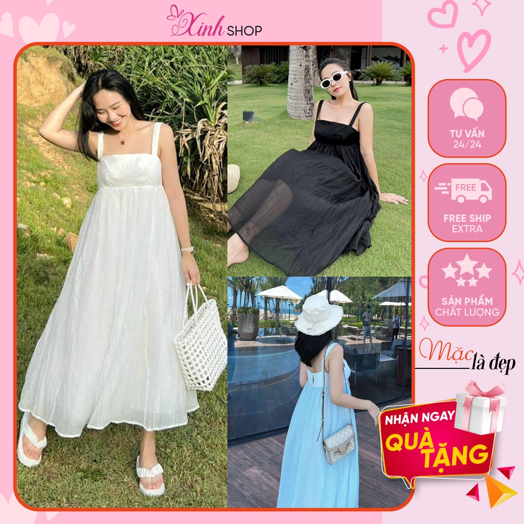Đầm maxi dáng babydoll 2 dây dáng dài xoè có cúp ngực chất voan tơ 2 lớp, đầm đi biển 3 màu siêu xinh