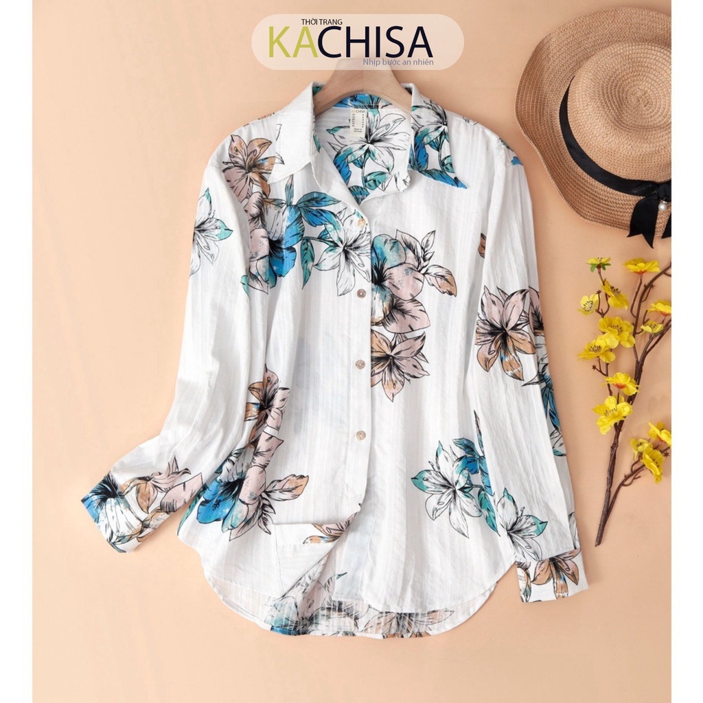 Áo sơ mi nữ tay dài KACHISA 863, chất vải boil mềm mại, dệt in hoa Lily